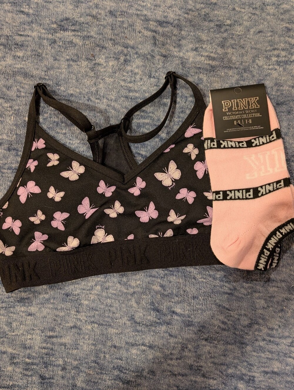 PINK Victoria's Secret Sports Bra with Pink & Lavender Butterflies And Socks